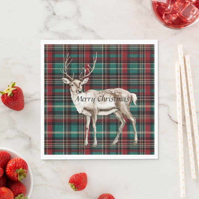 Country Red Green Plaid Christmas Deer Napkins (Insitu)