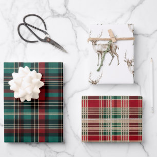 Country Red Green Plaid Christmas Deer Wrapping Paper Sheets