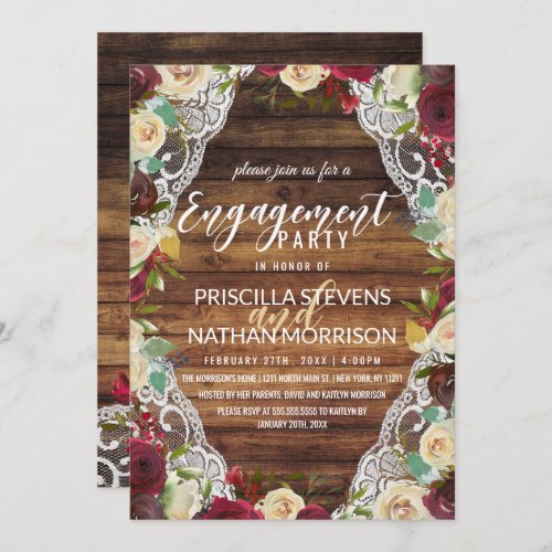 Country Red Ivory Floral Lace Wood Engagement Invitation