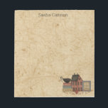 Country Red Saltbox, Black Crow, I Love Prims Notepad<br><div class="desc">A country/primitive scene with a red saltbox home,  a stack of boxes,  a black crow and a sign that says "I love prims".  Background is a tan faux textured look.  Personalize with your name and address at the top.</div>