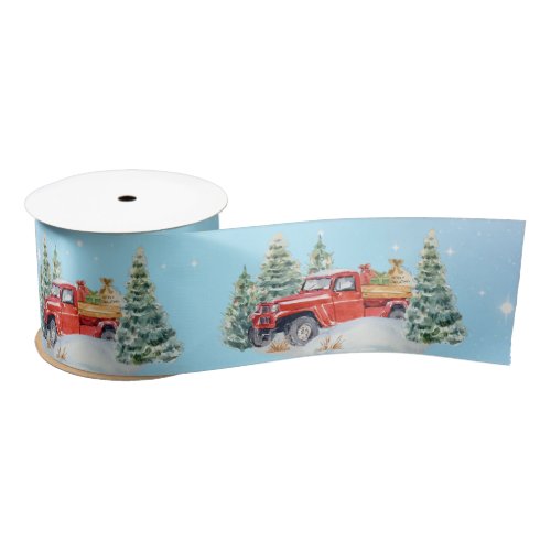 Country Red Truck in Snow Carrying Gifts Satin Ribbon