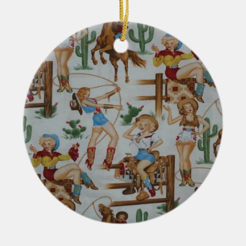 Country Retro Christmas Cowgirls Ceramic Ornament