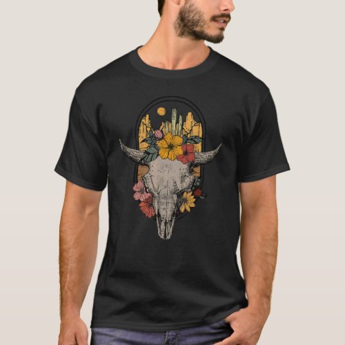 Country Retro Vintage Boho Cow Bull Skull With Cac T_Shirt