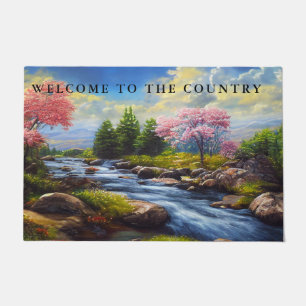 Country River Landscape Apple Trees Rock Shore Doormat