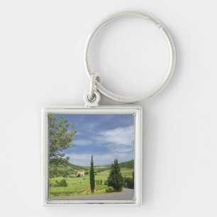 Country road curving between cypress trees in keychain