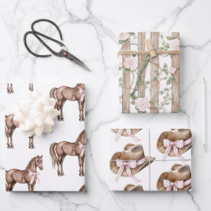 Country Road Horse Cowgirl Hat Birthday Wrapping Paper Sheets