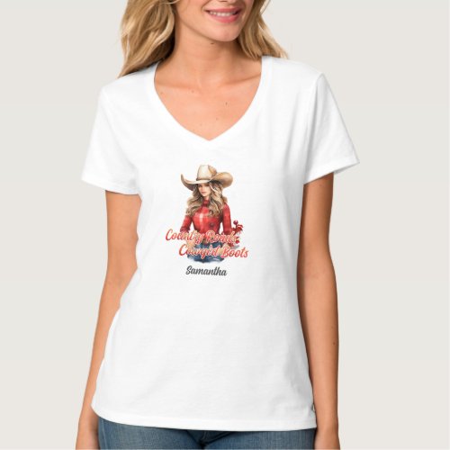 Country roads cowgirl boots blonde Christmas girl T_Shirt