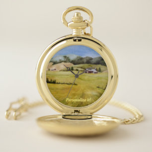 Country roads to farm, sheds, fields hills pocket watch