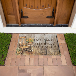 Country Rocking Chair Flower Pots Welcome Doormat