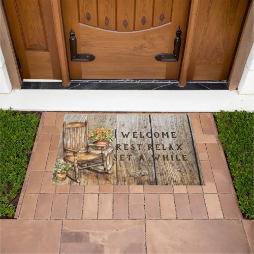 Country Rocking Chair Flower Pots Welcome Doormat