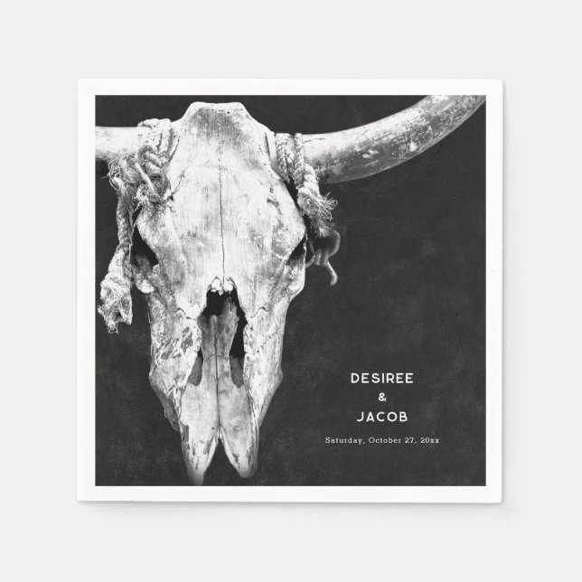Country Rodeo Western Black And White Bull Skull Napkins (Front)