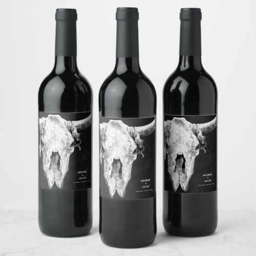 Country Rodeo Western Black And White Bull Skull Wine Label