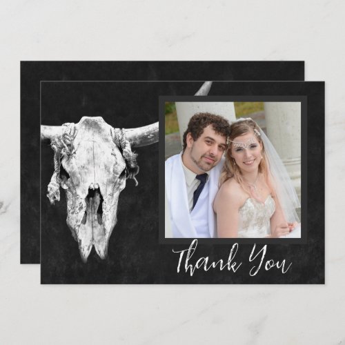 Country Rodeo Western Black White Bull Skull Photo Thank You Card