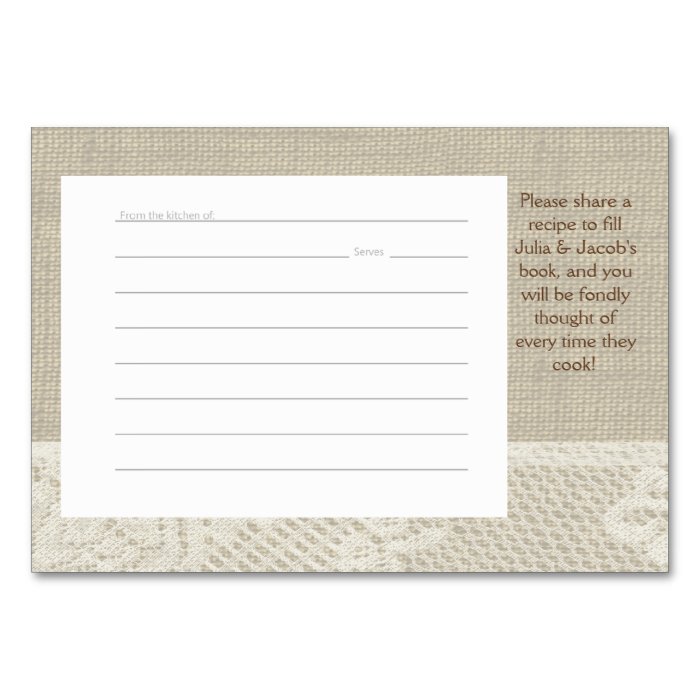 Country Romance Burlap and Lace Recipe Cards Table Cards