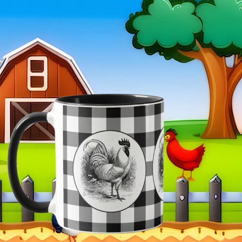 Country rooster black white check coffee mug