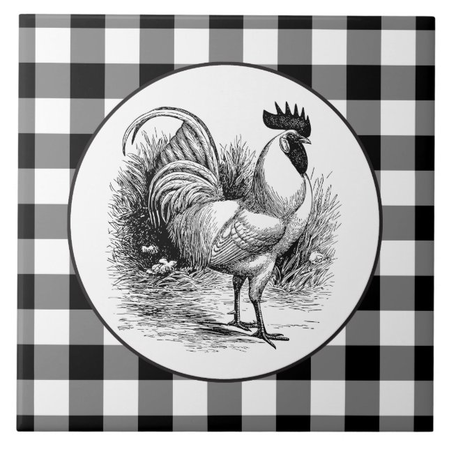 Country Rooster black white checks tile (Front)