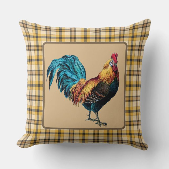 Country Rooster Brown Plaid Throw Pillow (Front)