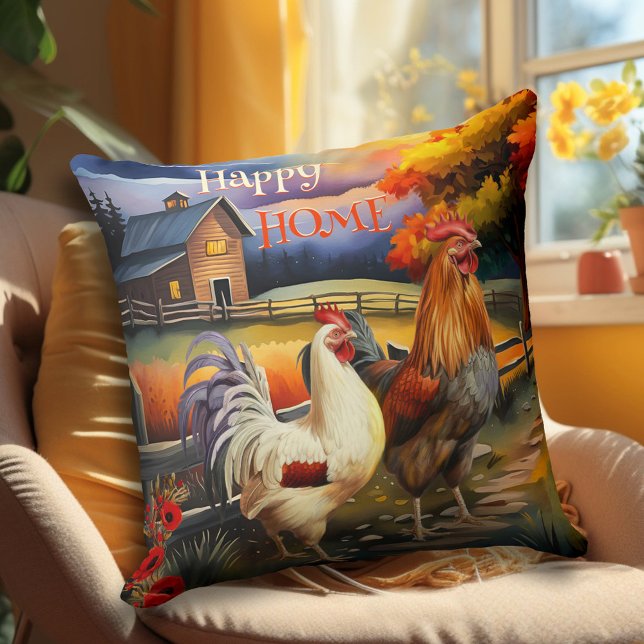 Country Rooster Chicken Farm Art Throw Pillow (Pillow showing a colorful painting of a rooster and chicken in a country scene with a farmhouse)