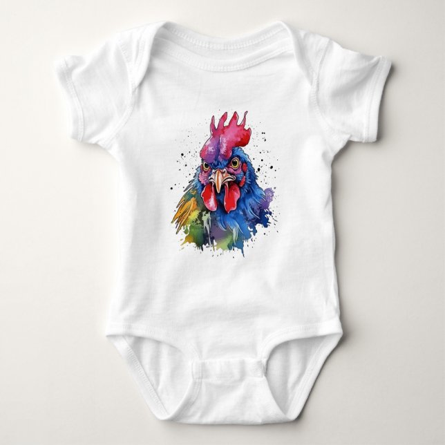 Country Rooster Chicken Watercolor Style Baby Bodysuit (Front)