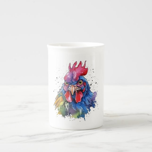 Country Rooster Chicken Watercolor Style Bone China Mug (Front)