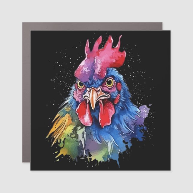 Country Rooster Chicken Watercolor Style Car Magnet (Front)