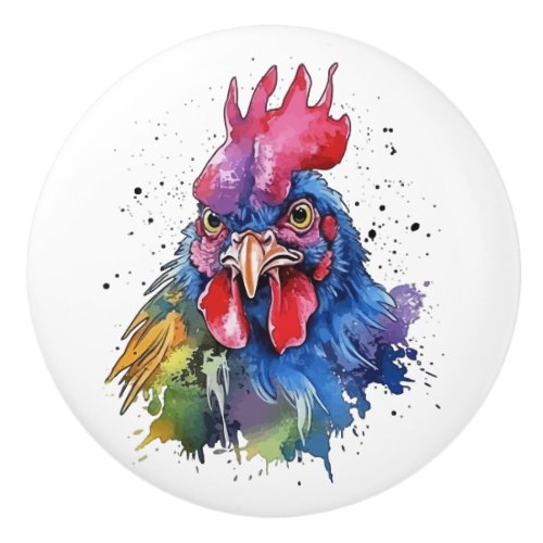 Country Rooster Chicken Watercolor Style Ceramic Knob