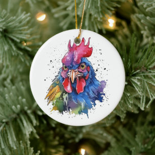 Country Rooster Chicken Watercolor Style Ceramic Ornament
