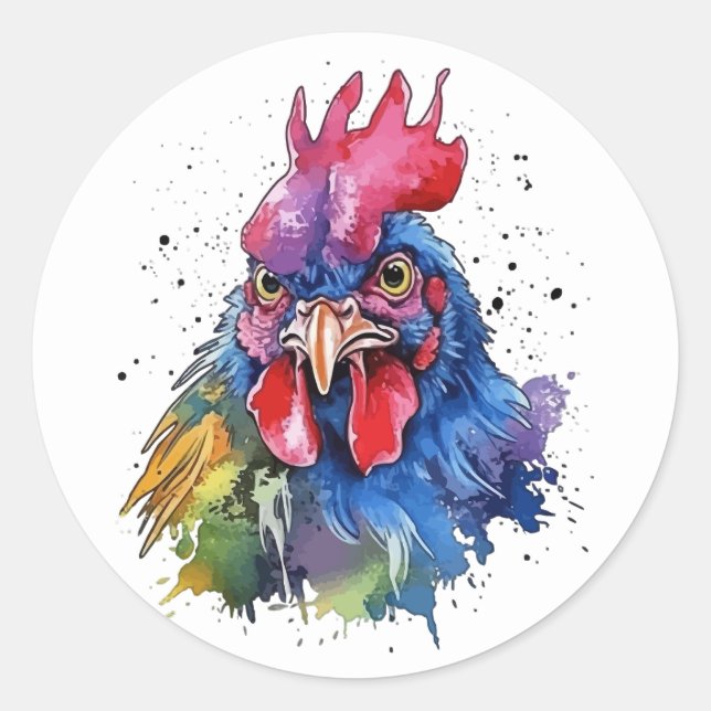 Country Rooster Chicken Watercolor Style Classic Round Sticker (Front)