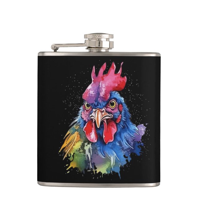 Country Rooster Chicken Watercolor Style Flask (Front)
