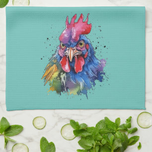 Country Rooster Chicken Watercolor Style Kitchen Towel