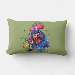 Country Rooster Chicken Watercolor Style Lumbar Pillow