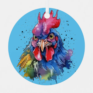 Country Rooster Chicken Watercolor Style Metal Ornament