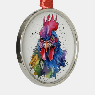 Country Rooster Chicken Watercolor Style Metal Ornament