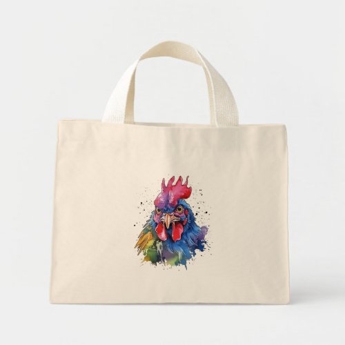 Country Rooster Chicken Watercolor Style Mini Tote Bag