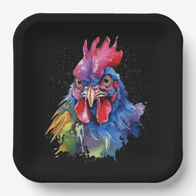 Country Rooster Chicken Watercolor Style Paper Plates (Front)
