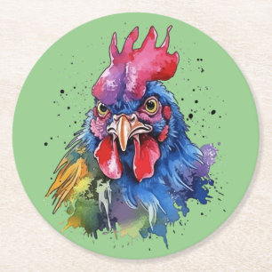 Country Rooster Chicken Watercolor Style Round Paper Coaster