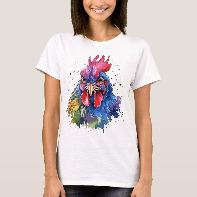 Country Rooster Chicken Watercolor Style T-Shirt (Front)