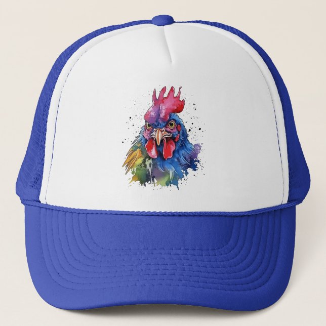 Country Rooster Chicken Watercolor Style Trucker Hat (Front)