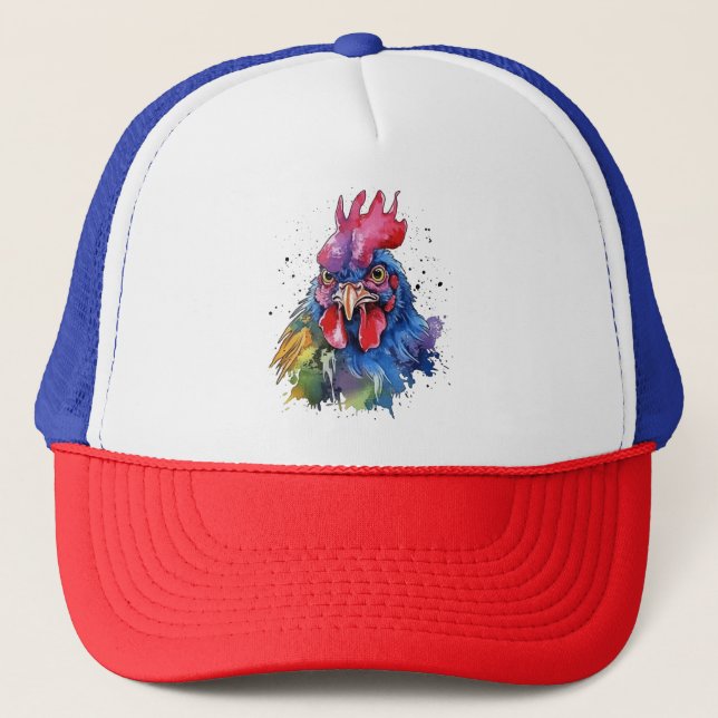 Country Rooster Chicken Watercolor Style Trucker Hat (Front)