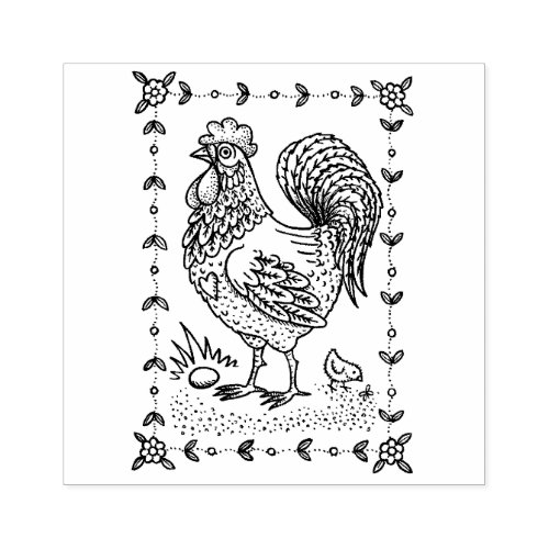 COUNTRY ROOSTER EGG  CHICK FOLK ART BORDER nice Rubber Stamp