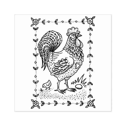 COUNTRY ROOSTER EGG  CHICK FOLK ART BORDER nice Rubber Stamp