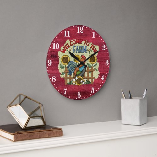 Country rooster farm house welcome large clock