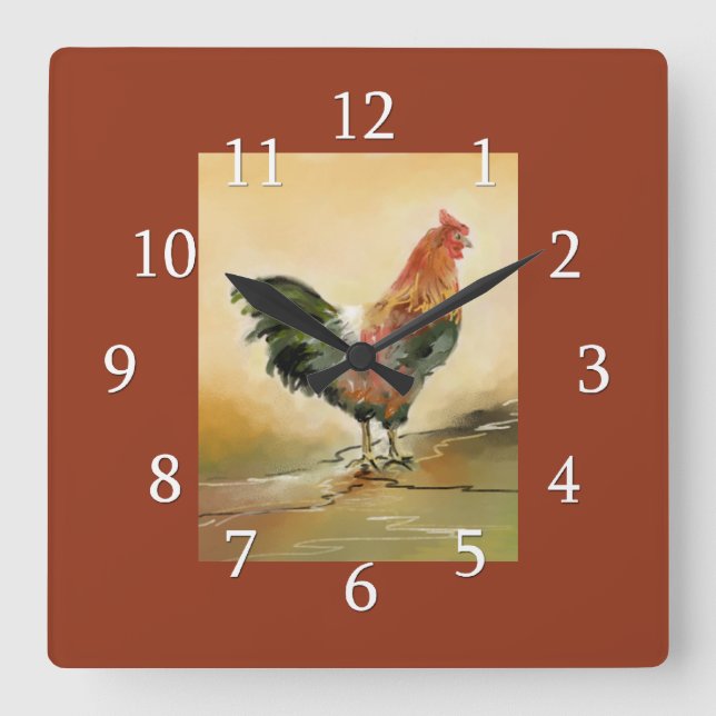 Country Rooster Kitchen Square Wall Clock (Front)