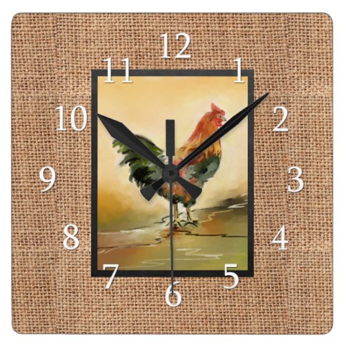 Country Rooster On Rustic Burlap Square Wall Clock