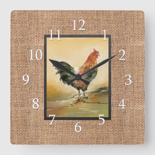 Country Rooster On Rustic Burlap Square Wall Clock