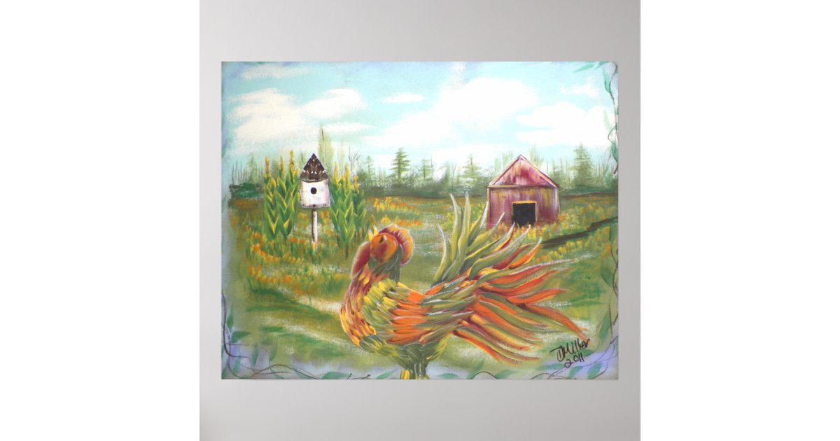 Country Rooster On The Farm Painting Poster Zazzle Com