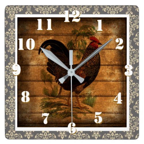 Country Rooster Ornate Rustic and Elegant Damask Square Wall Clock