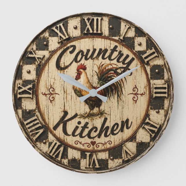 Country Rooster Rustic Farmhouse Kitchen Large Clock (Front)
