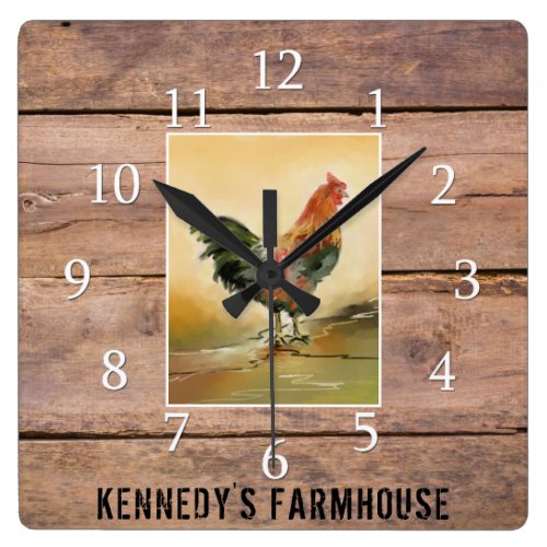 Country Rooster Rustic Wood Farmhouse Family Name Square Wall Clock