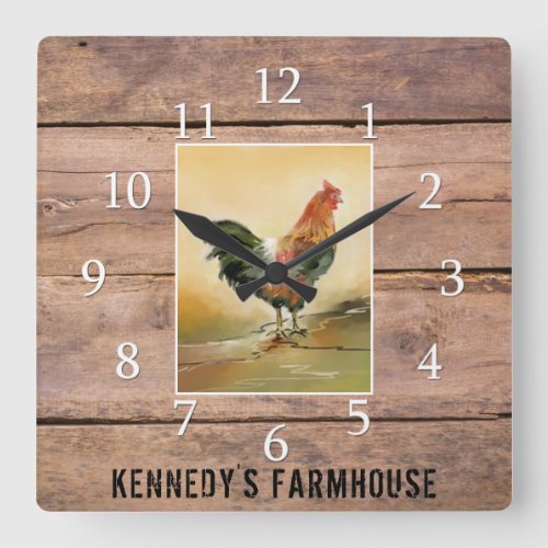 Country Rooster Rustic Wood Farmhouse Family Name Square Wall Clock